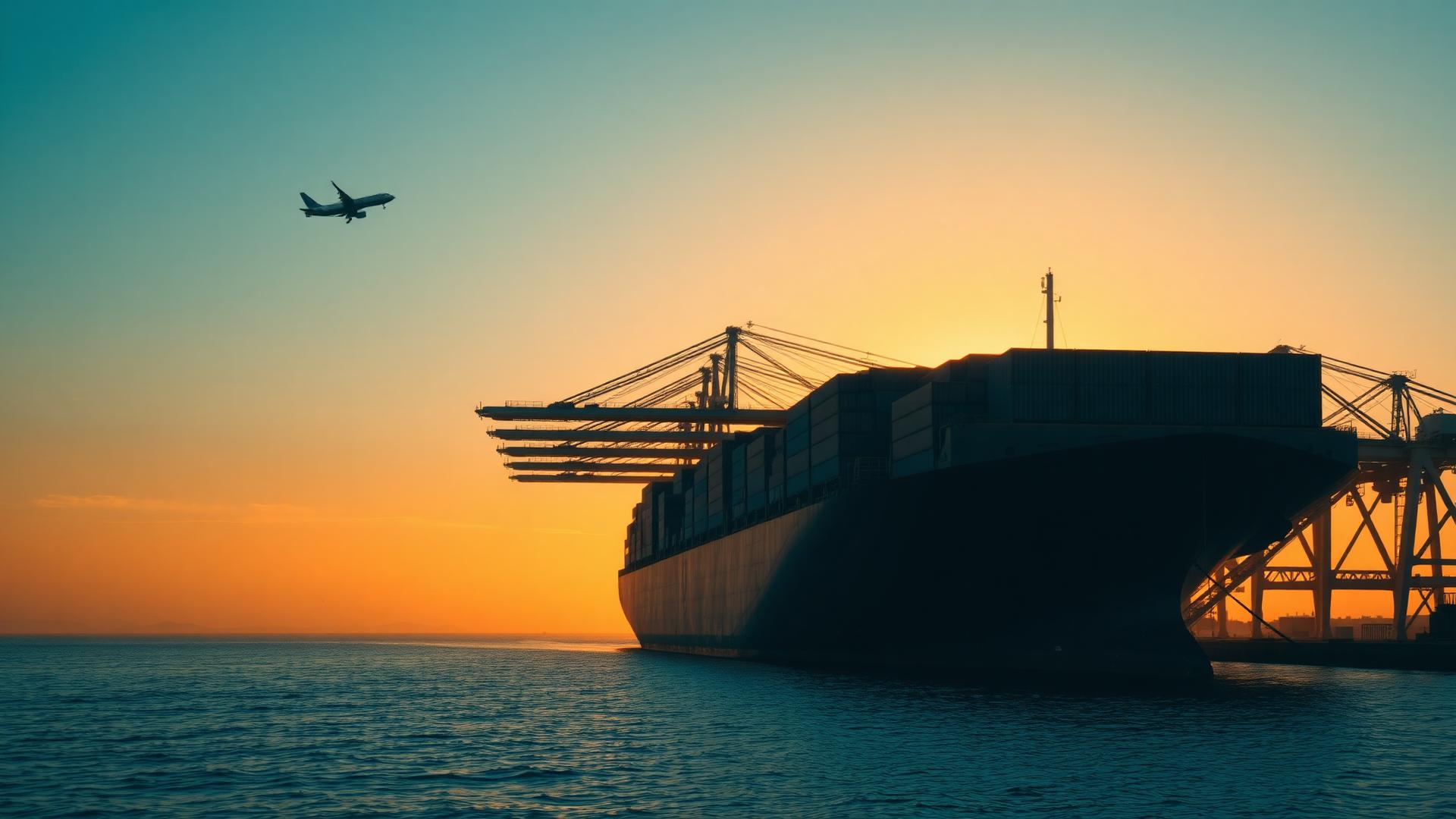 Container ship at port at sunrise